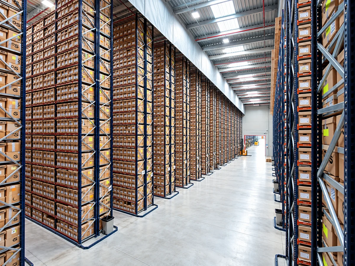 Archive storage warehouse with a forklift at the far end of the aisle