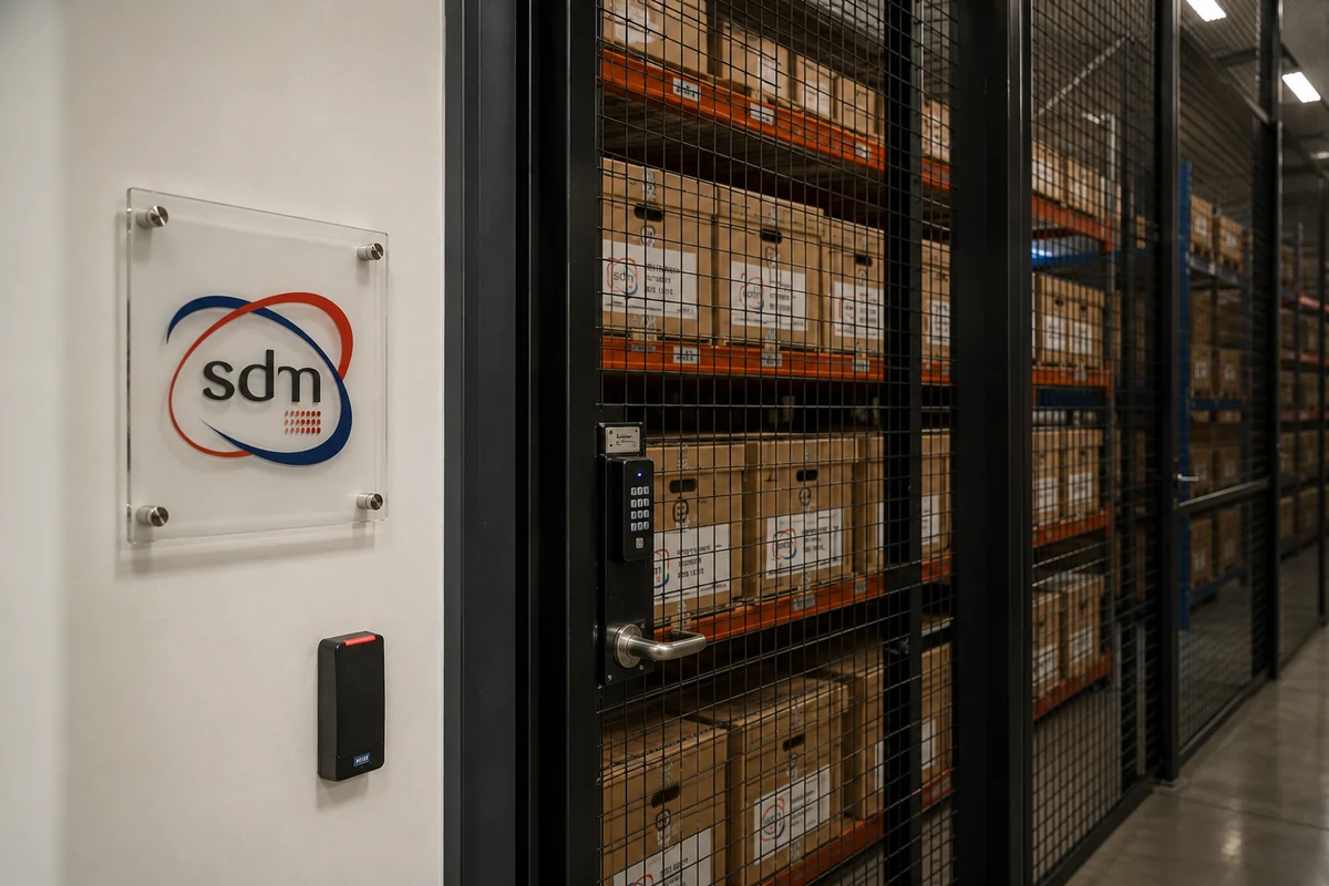 Rows of archive boxes arranged on storage shelving