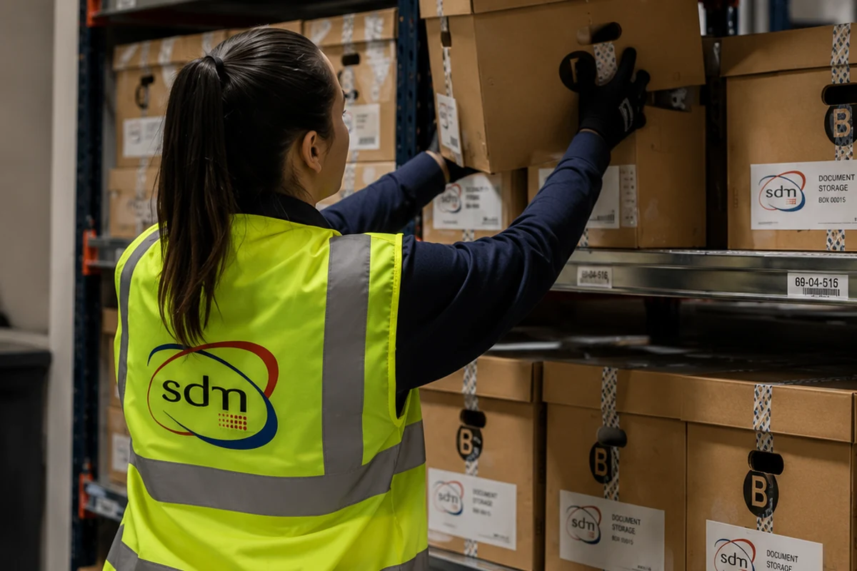 Stor-it team member handling stored archive boxes